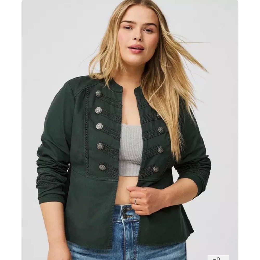 Torrid Womens Stretch Twill Military Jacket Green Peplum Hook Eye Closure L 0